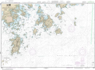 NOAA Chart 13313. Nautical Chart of Approaches to Blue Hill Bay. NOAA charts portray water depths, coastlines, dangers, aids to navigation, landmarks, bottom characteristics and other features, as well as regulatory, tide, and other information. They cont