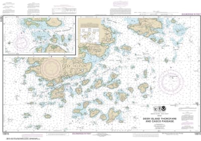NOAA Chart 13315. Nautical Chart of Deer Island Thorofare and Casco Passage. NOAA charts portray water depths, coastlines, dangers, aids to navigation, landmarks, bottom characteristics and other features, as well as regulatory, tide, and other informatio