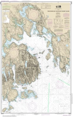 NOAA Chart 13318. Nautical Chart of Frenchman Bay and Mount Desert lsland. NOAA charts portray water depths, coastlines, dangers, aids to navigation, landmarks, bottom characteristics and other features, as well as regulatory, tide, and other information.