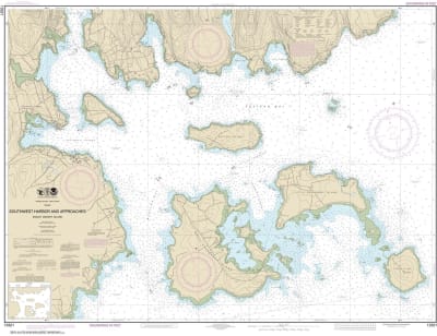 NOAA Chart 13321. Nautical Chart of Southwest Harbor and Approaches. NOAA charts portray water depths, coastlines, dangers, aids to navigation, landmarks, bottom characteristics and other features, as well as regulatory, tide, and other information. They