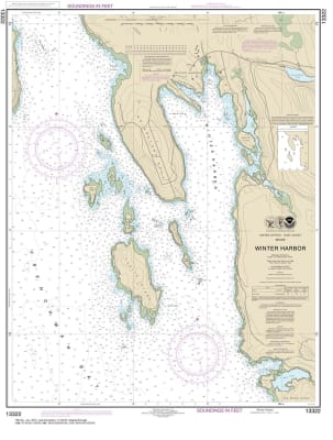 NOAA Chart 13322. Nautical Chart of Winter Harbor. NOAA charts portray water depths, coastlines, dangers, aids to navigation, landmarks, bottom characteristics and other features, as well as regulatory, tide, and other information. They contain all critic