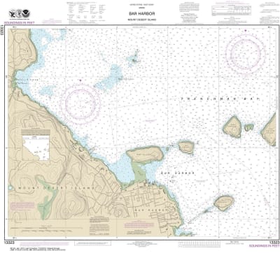 NOAA Chart 13323. Nautical Chart of Bar Harbor Mount Desert Island NOAA charts portray water depths, coastlines, dangers, aids to navigation, landmarks, bottom characteristics and other features, as well as regulatory, tide, and other information. They co