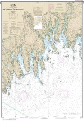 NOAA Chart 13324. Nautical Chart of Tibbett Narrows to Schoodic Island. NOAA charts portray water depths, coastlines, dangers, aids to navigation, landmarks, bottom characteristics and other features, as well as regulatory, tide, and other information. Th