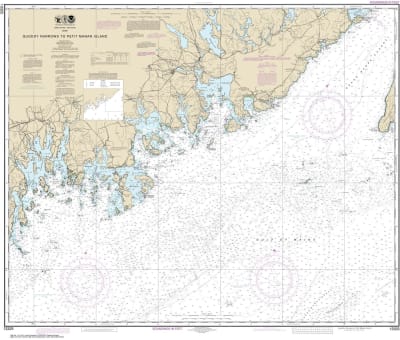 NOAA Chart 13325. Nautical Chart of Quoddy Narrows to Petit Manan lsland. NOAA charts portray water depths, coastlines, dangers, aids to navigation, landmarks, bottom characteristics and other features, as well as regulatory, tide, and other information.
