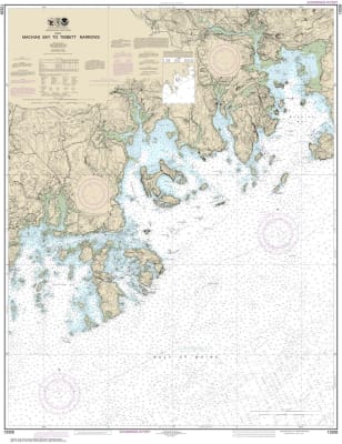 NOAA Chart 13326. Nautical Chart of Machias Bay to Tibbett Narrows. NOAA charts portray water depths, coastlines, dangers, aids to navigation, landmarks, bottom characteristics and other features, as well as regulatory, tide, and other information. They c