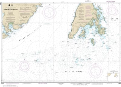 NOAA Chart 13392. Nautical Chart of Grand Manan Channel Southern Part. NOAA charts portray water depths, coastlines, dangers, aids to navigation, landmarks, bottom characteristics and other features, as well as regulatory, tide, and other information. The
