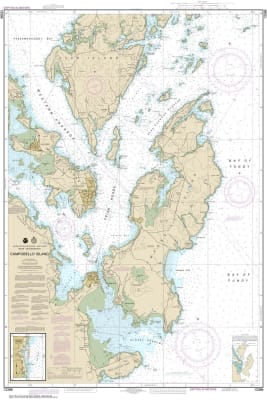 NOAA Chart 13396. Nautical Chart of Campobello Island - Eastport Harbor. NOAA charts portray water depths, coastlines, dangers, aids to navigation, landmarks, bottom characteristics and other features, as well as regulatory, tide, and other information. T
