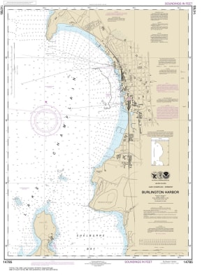 NOAA Chart 14785. Nautical Chart of Burlington Harbor. NOAA charts portray water depths, coastlines, dangers, aids to navigation, landmarks, bottom characteristics and other features, as well as regulatory, tide, and other information. They contain all cr