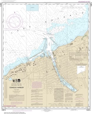 NOAA Chart 14813. Nautical Chart of Oswego Harbor on Lake Ontario. NOAA charts portray water depths, coastlines, dangers, aids to navigation, landmarks, bottom characteristics and other features, as well as regulatory, tide, and other information.
