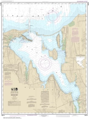 NOAA Chart 14814. Nautical Chart of Sodus Bay on Lake Ontario. NOAA charts portray water depths, coastlines, dangers, aids to navigation, landmarks, bottom characteristics and other features, as well as regulatory, tide, and other information. They contai