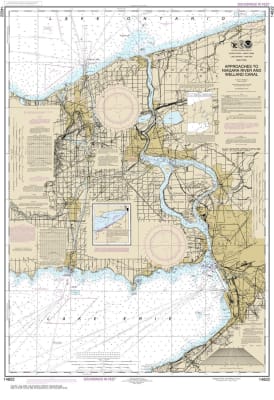 NOAA Chart 14822. Nautical Chart of Approaches to Niagara River and Welland Canal. NOAA charts portray water depths, coastlines, dangers, aids to navigation, landmarks, bottom characteristics and other features, as well as regulatory, tide, and other info