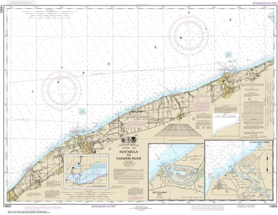 NOAA Chart 14825. Nautical Chart of Ashtabula to Chagrin River - Mentor Harbor - Chagrin River on Lake Erie. NOAA charts portray water depths, coastlines, dangers, aids to navigation, landmarks, bottom characteristics and other features, as well as regula