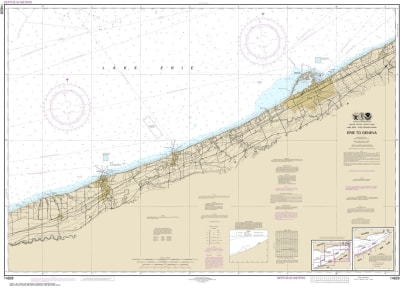 NOAA Chart 14828. Nautical Chart of Erie to Genevaon on Lake Erie. NOAA charts portray water depths, coastlines, dangers, aids to navigation, landmarks, bottom characteristics and other features, as well as regulatory, tide, and other information. They co