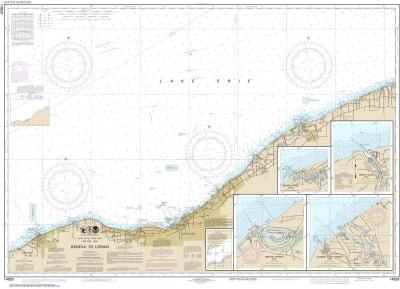 NOAA Chart 14829. Nautical Chart of Geneva to Lorain - Beaver Creek - Rocky River - Mentor Harbor -  Chagrin River on Lake Erie. NOAA charts portray water depths, coastlines, dangers, aids to navigation, landmarks, bottom characteristics and other feature