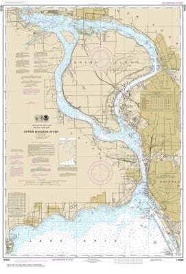 NOAA Chart 14832. Nautical Chart of Niagara Falls to Buffalo. NOAA charts portray water depths, coastlines, dangers, aids to navigation, landmarks, bottom characteristics and other features, as well as regulatory, tide, and other information. They contain