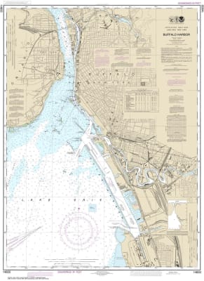 NOAA Chart 14833. Nautical Chart of Buffalo Harbor on Lake Erie. NOAA charts portray water depths, coastlines, dangers, aids to navigation, landmarks, bottom characteristics and other features, as well as regulatory, tide, and other information. They cont