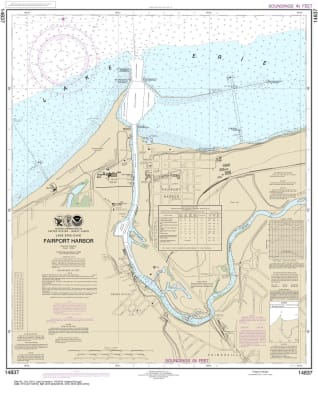 NOAA Chart 14837. Nautical Chart of Fairport Harbor on Lake Erie. NOAA charts portray water depths, coastlines, dangers, aids to navigation, landmarks, bottom characteristics and other features, as well as regulatory, tide, and other information. They con