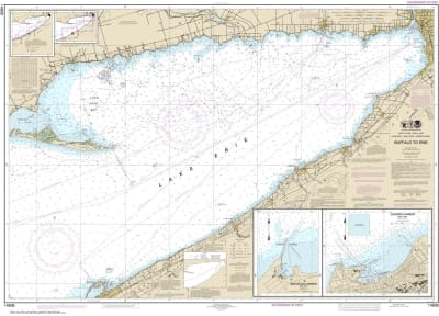 NOAA Chart 14838. Nautical Chart of Buffalo to Erie - Dunkirk - Barcelone Harbor on Lake Erie. NOAA charts portray water depths, coastlines, dangers, aids to navigation, landmarks, bottom characteristics and other features, as well as regulatory, tide, an