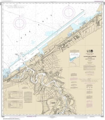 NOAA Chart 14839. Nautical Chart of Cleveland Harbor including lower Cuyahoga River on Lake Erie. NOAA charts portray water depths, coastlines, dangers, aids to navigation, landmarks, bottom characteristics and other features, as well as regulatory, tide,
