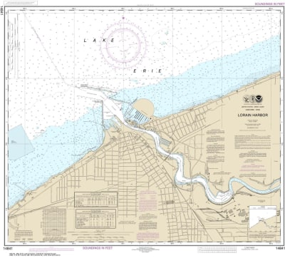NOAA Chart 14841. Nautical Chart of Lorain Harboron Lake Erie. NOAA charts portray water depths, coastlines, dangers, aids to navigation, landmarks, bottom characteristics and other features, as well as regulatory, tide, and other information. They contai
