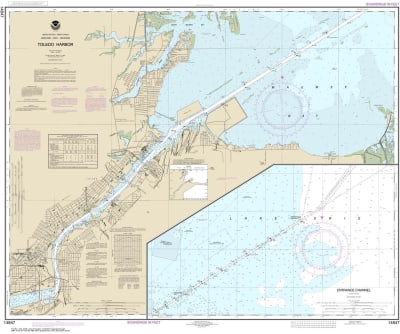 NOAA Chart 14847. Nautical Chart of Toledo Harbor - Entrance Channel to Harbor. NOAA charts portray water depths, coastlines, dangers, aids to navigation, landmarks, bottom characteristics and other features, as well as regulatory, tide, and other informa