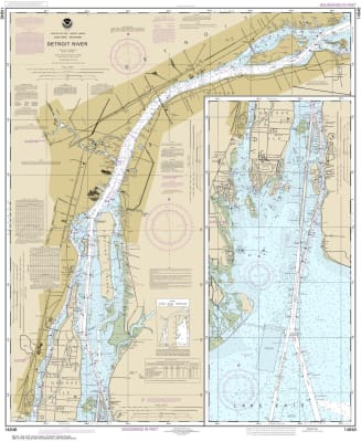 NOAA Chart 14848. Nautical Chart of Detroit River. NOAA charts portray water depths, coastlines, dangers, aids to navigation, landmarks, bottom characteristics and other features, as well as regulatory, tide, and other information. They contain all critic