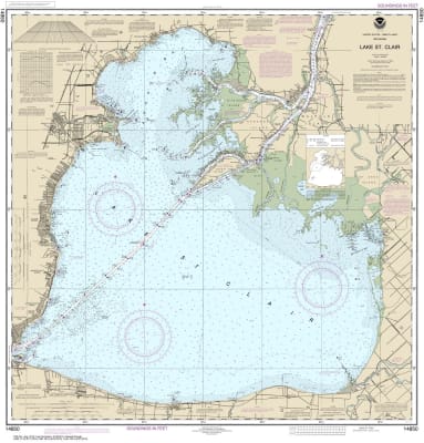 NOAA Chart 14850. Nautical Chart of Lake St. Clair. NOAA charts portray water depths, coastlines, dangers, aids to navigation, landmarks, bottom characteristics and other features, as well as regulatory, tide, and other information. They contain all criti