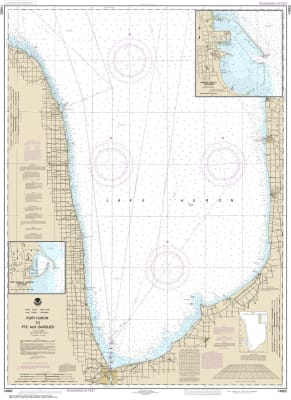 NOAA Chart 14862. Nautical Chart of Port Huron to Pte aux Barques - Port Sanilac - Harbor Beach. NOAA charts portray water depths, coastlines, dangers, aids to navigation, landmarks, bottom characteristics and other features, as well as regulatory, tide,