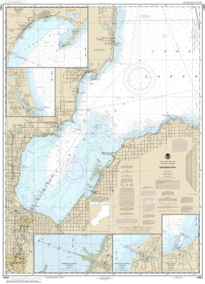 NOAA Chart 14863. Nautical Chart of Saginaw Bay - Port Austin Harbor - Caseville Harbor - Entrance to Au Sable. NOAA charts portray water depths, coastlines, dangers, aids to navigation, landmarks, bottom characteristics and other features, as well as reg