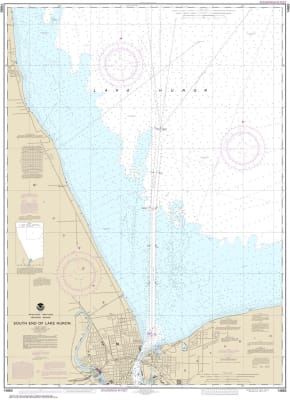 NOAA Chart 14865. Nautical Chart of South End of Lake Huron. NOAA charts portray water depths, coastlines, dangers, aids to navigation, landmarks, bottom characteristics and other features, as well as regulatory, tide, and other information. They contain