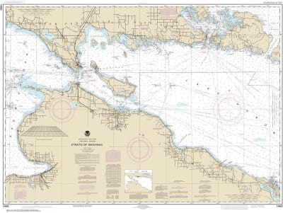 NOAA Chart 14880. Nautical Chart of the Straits of Mackinac. NOAA charts portray water depths, coastlines, dangers, aids to navigation, landmarks, bottom characteristics and other features, as well as regulatory, tide, and other information. They contain