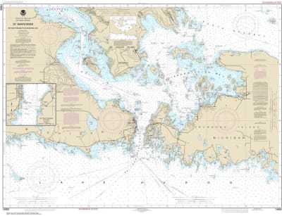 NOAA Chart 14882. Nautical Chart of St. Mars River - Detour Passage to Munuscong Lake - Detour Passage. NOAA charts portray water depths, coastlines, dangers, aids to navigation, landmarks, bottom characteristics and other features, as well as regulatory,