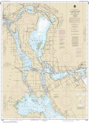 NOAA Chart 14883. Nautical Chart of St Marys River - Munuscong Lake to Sault Ste Marie. NOAA charts portray water depths, coastlines, dangers, aids to navigation, landmarks, bottom characteristics and other features, as well as regulatory, tide, and other