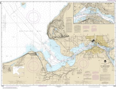 NOAA Chart 14884. Nautical Chart of St Marys River - Head of Lake Nicolet to Whitefish Bay - Sault Ste Marie. NOAA charts portray water depths, coastlines, dangers, aids to navigation, landmarks, bottom characteristics and other features, as well as regul