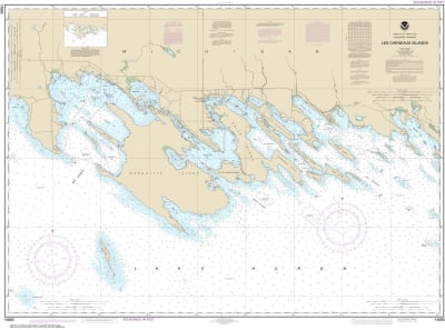 NOAA Chart 14885. Nautical Chart of Les Cheneaux Islands. NOAA charts portray water depths, coastlines, dangers, aids to navigation, landmarks, bottom characteristics and other features, as well as regulatory, tide, and other information. They contain all