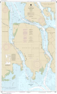 NOAA Chart 14887. Nautical Chart of St Marys River - Vicinity of Neebish Island. NOAA charts portray water depths, coastlines, dangers, aids to navigation, landmarks, bottom characteristics and other features, as well as regulatory, tide, and other inform