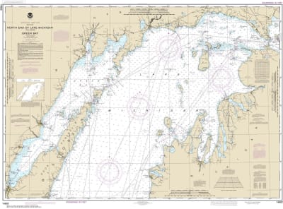 NOAA Chart 14902. Nautical Chart of North end of Lake Michigan including Green Bay. NOAA charts portray water depths, coastlines, dangers, aids to navigation, landmarks, bottom characteristics and other features, as well as regulatory, tide, and other inf