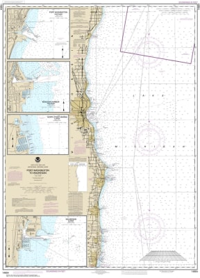 NOAA Chart 14904. Nautical Chart of Port Washington to Waukegan - Kenosha Harbor - North Point Marina - Waukegan. NOAA charts portray water depths, coastlines, dangers, aids to navigation, landmarks, bottom characteristics and other features, as well as r