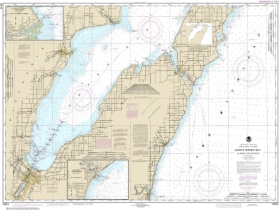 NOAA Chart 14910. Nautical Chart of Lower Green Bay - Oconto Harbor - Algoma. NOAA charts portray water depths, coastlines, dangers, aids to navigation, landmarks, bottom characteristics and other features, as well as regulatory, tide, and other informati
