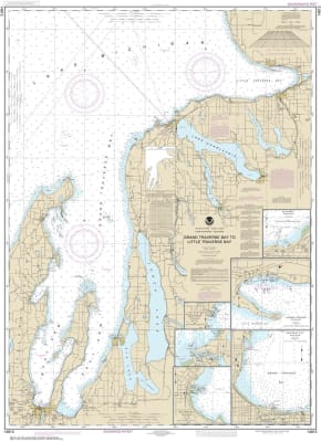 NOAA Chart 14913. Nautical Chart of Grand Traverse Bay to Little Traverse Bay - Harbor Springs - Petoskey - Elk. NOAA charts portray water depths, coastlines, dangers, aids to navigation, landmarks, bottom characteristics and other features, as well as re