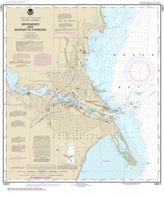 NOAA Chart 14917. Nautical Chart of Menominee and Marinette Harbors. NOAA charts portray water depths, coastlines, dangers, aids to navigation, landmarks, bottom characteristics and other features, as well as regulatory, tide, and other information. They