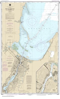 NOAA Chart 14918. Nautical Chart of the Head of Green Bay including Fox River below De Pere, Green Bay. NOAA charts portray water depths, coastlines, dangers, aids to navigation, landmarks, bottom characteristics and other features, as well as regulatory