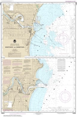 NOAA Chart 14922. Nautical Chart of Manitowoc and Sheboygan. NOAA charts portray water depths, coastlines, dangers, aids to navigation, landmarks, bottom characteristics and other features, as well as regulatory, tide, and other information. They contain