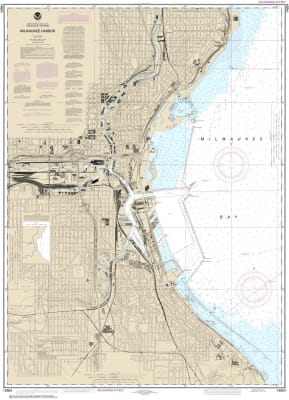 NOAA Chart 14924. Nautical Chart of Milwaukee Harbor. NOAA charts portray water depths, coastlines, dangers, aids to navigation, landmarks, bottom characteristics and other features, as well as regulatory, tide, and other information. They contain all cri
