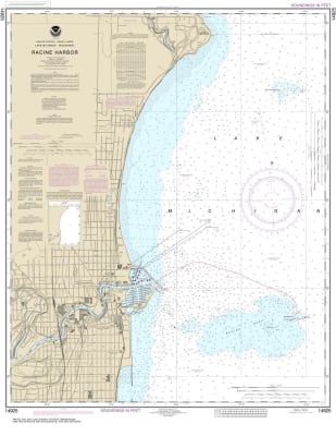 NOAA Chart 14925. Nautical Chart of Racine Harbor. NOAA charts portray water depths, coastlines, dangers, aids to navigation, landmarks, bottom characteristics and other features, as well as regulatory, tide, and other information. They contain all critic