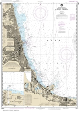 NOAA Chart 14927. Nautical Chart of Chicago Lake Front - Gary Harbor. NOAA charts portray water depths, coastlines, dangers, aids to navigation, landmarks, bottom characteristics and other features, as well as regulatory, tide, and other information. They