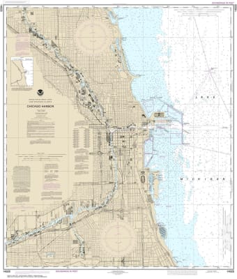 NOAA Chart 14928. Nautical Chart of Chicago Harbor. NOAA charts portray water depths, coastlines, dangers, aids to navigation, landmarks, bottom characteristics and other features, as well as regulatory, tide, and other information. They contain all criti