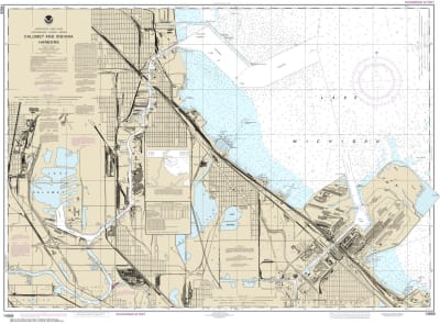 NOAA Chart 14929. Nautical Chart of Calumet, Indiana and Buffington Harbors and Lake Calumet. NOAA charts portray water depths, coastlines, dangers, aids to navigation, landmarks, bottom characteristics and other features, as well as regulatory, tide, and
