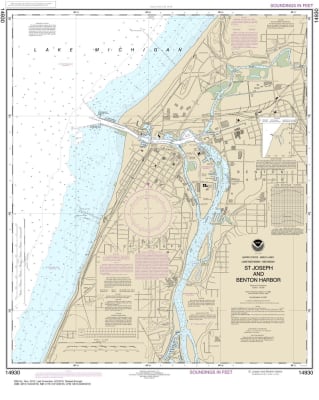 NOAA Chart 14930. Nautical Chart of St Joseph and Benton Harbor on Lake Michigan. NOAA charts portray water depths, coastlines, dangers, aids to navigation, landmarks, bottom characteristics and other features, as well as regulatory, tide, and other infor