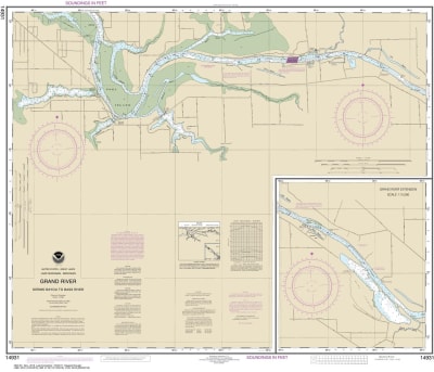 NOAA Chart 14931. Nautical Chart of Grand River from Dermo Bayou to Bass River. NOAA charts portray water depths, coastlines, dangers, aids to navigation, landmarks, bottom characteristics and other features, as well as regulatory, tide, and other informa